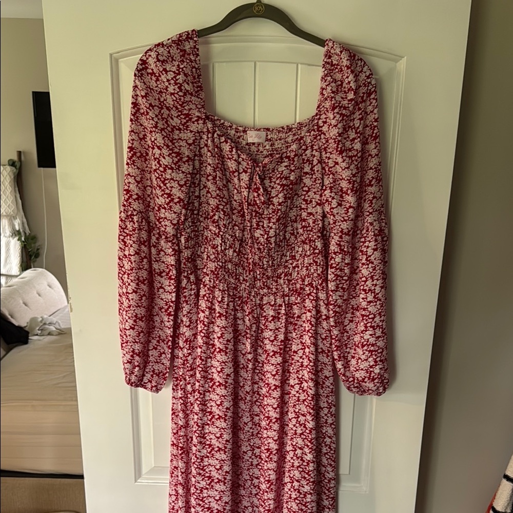 Red and White Smocked Pleated Sundress with long Sleeves Pink Lily